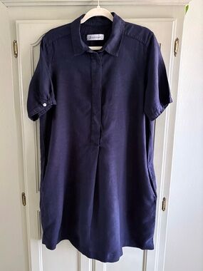 BACKSTAGE 100% Linen Prato Shirt Dress with Pockets | Navy Blue | Size Medium